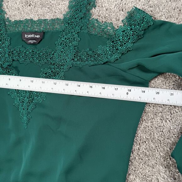 Bebe Green Lace Mesh Open Shoulder Top M Fairy Grunge Romantic Gothic Cottage - Picture 5 of 8
